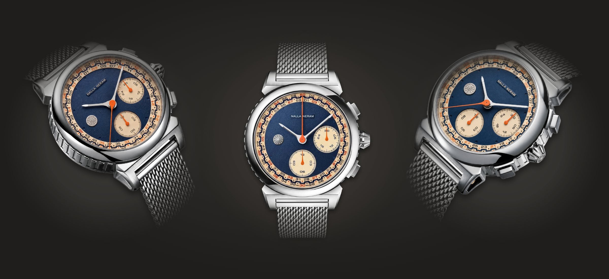 Vaanam chronograph, dark blue dial: left angle, front and right angle