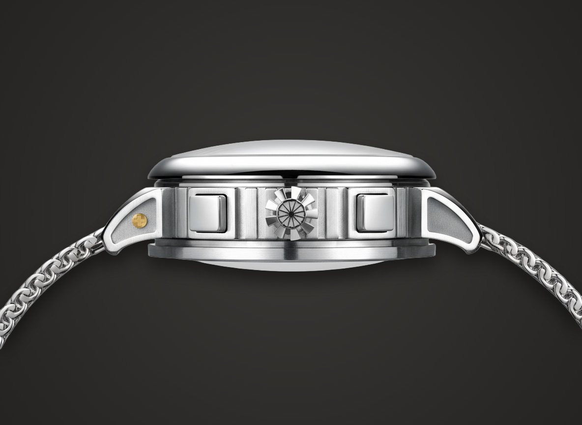 Chakra crown between square, hand-polished pushers, with the Swiss cross inside the lug
