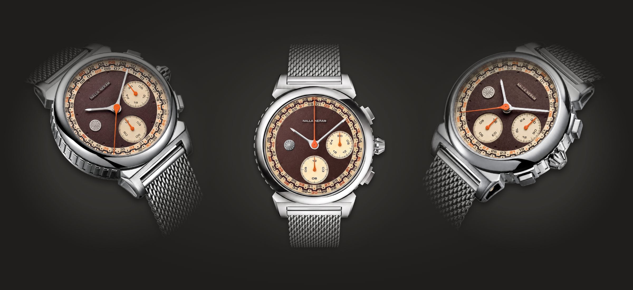 Bhoomi chronograph, red-brown dial: left angle, front and right angle
